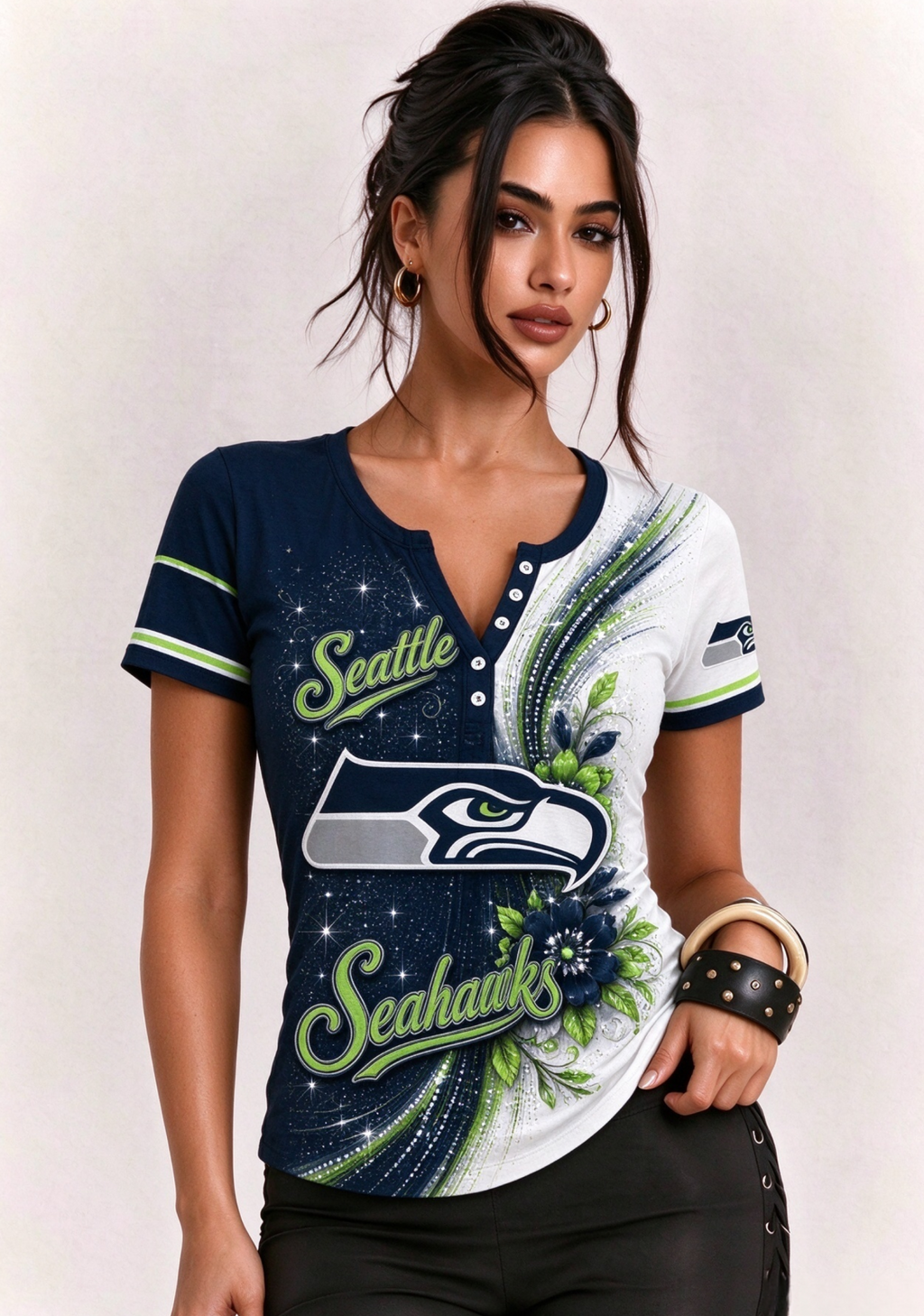 Women Seattle Seahawks Floral Henley T-Shirt