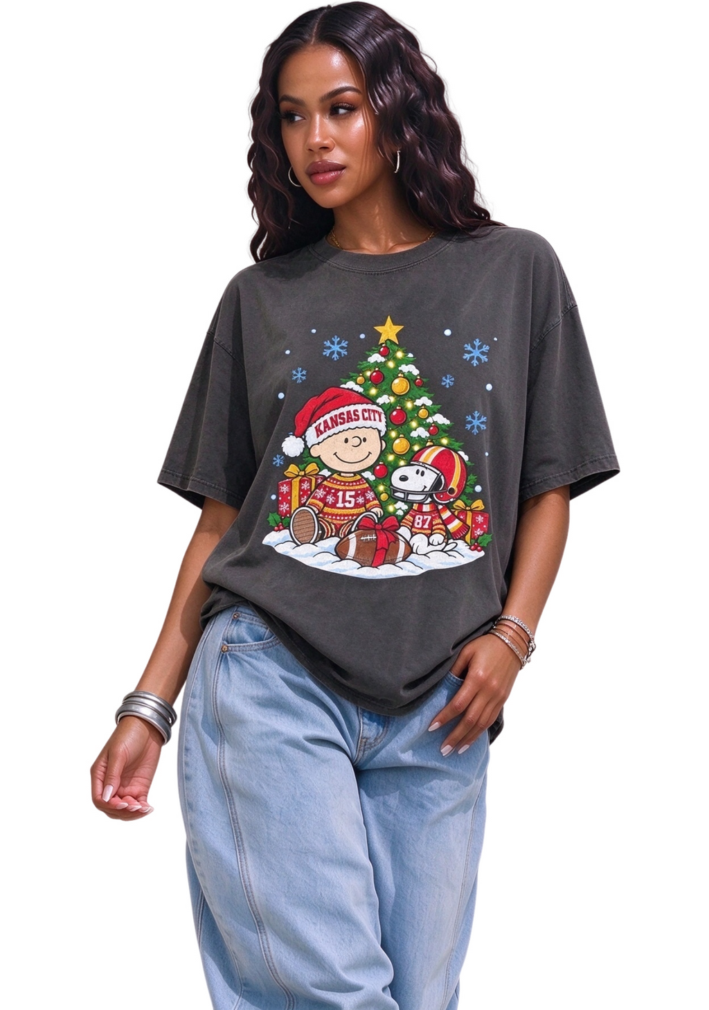 Women's Kansas City Chiefs Snoopy Charlie Brown Football Christmas T-Shirt
