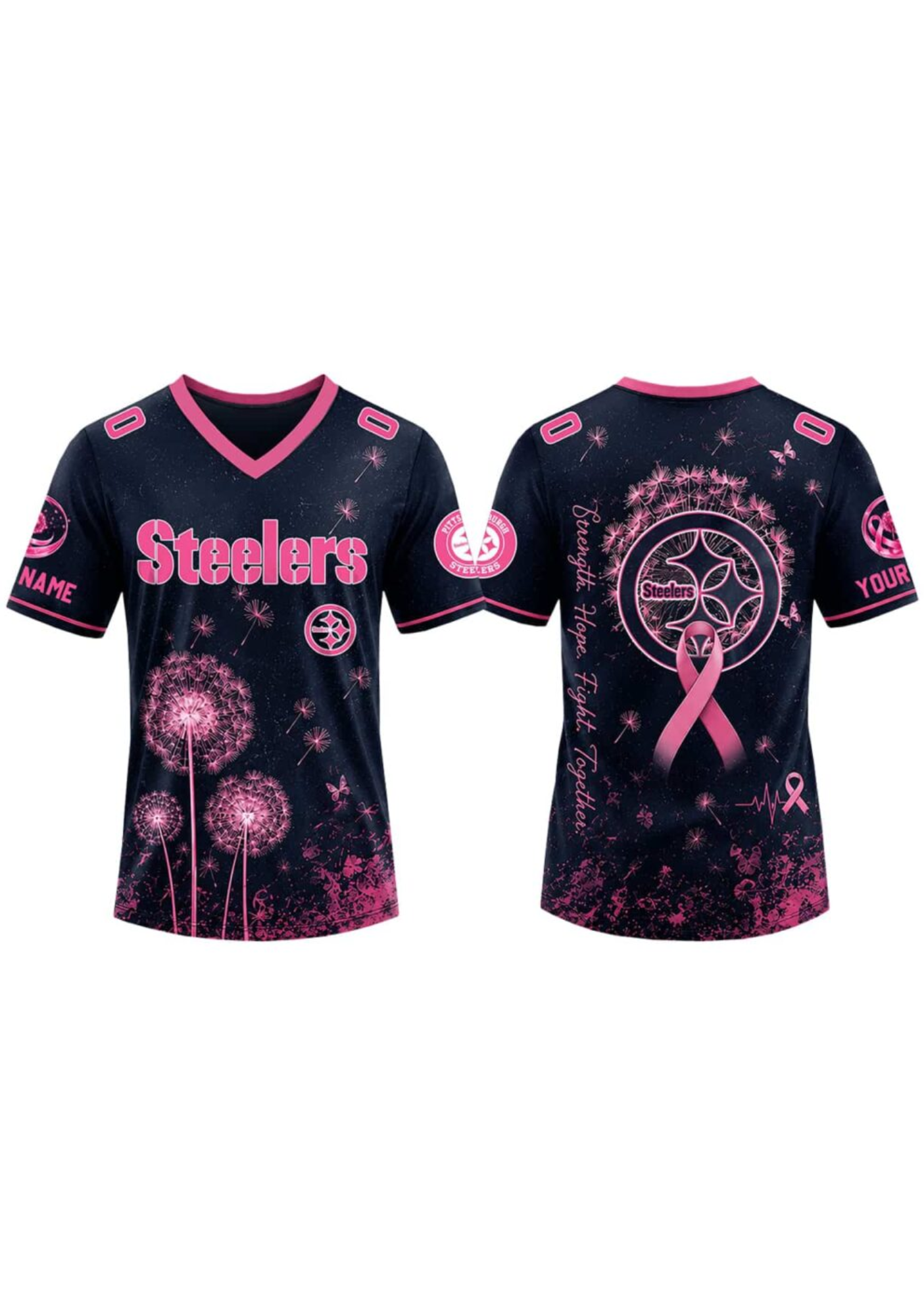 Pittsburgh Steelers Breast Cancer Awareness Dandelion V-Neck T-Shirt Secondary image