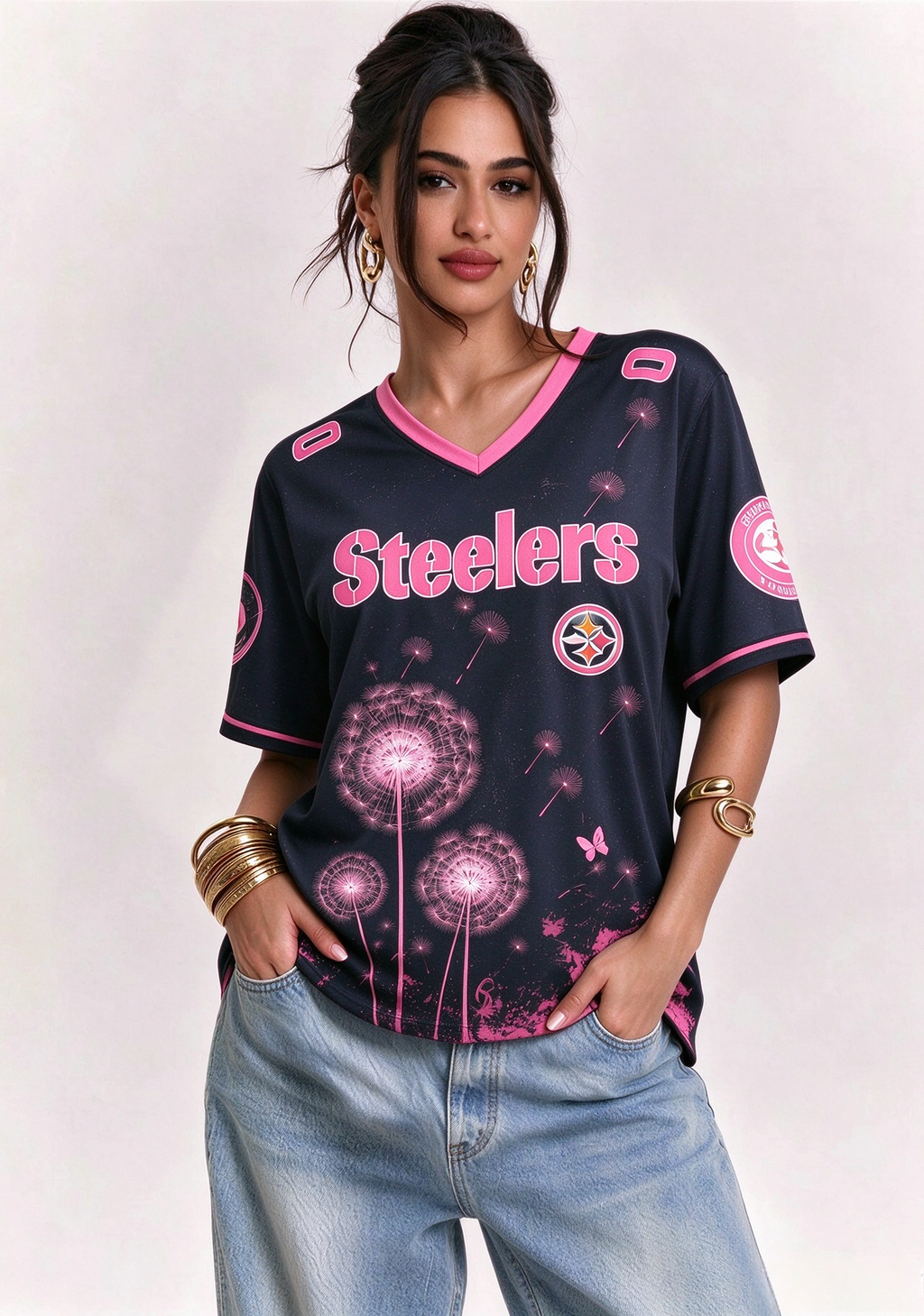 Pittsburgh Steelers Breast Cancer Awareness Dandelion V-Neck T-Shirt