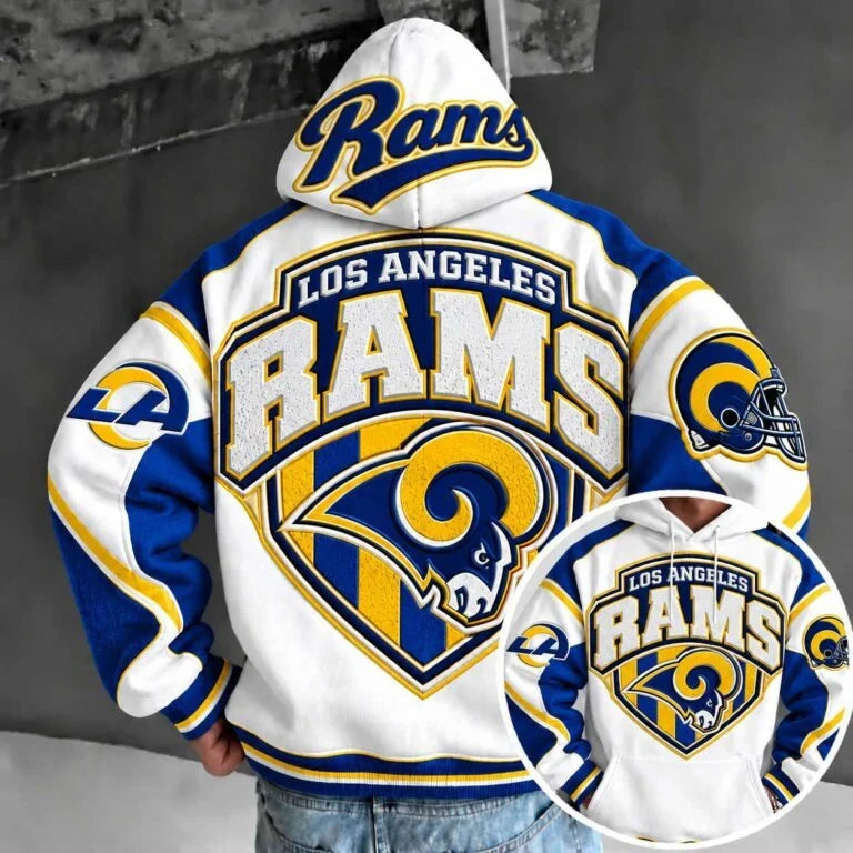 Los Angeles Rams Retro Varsity Color Block Back Print Pullover Hoodie