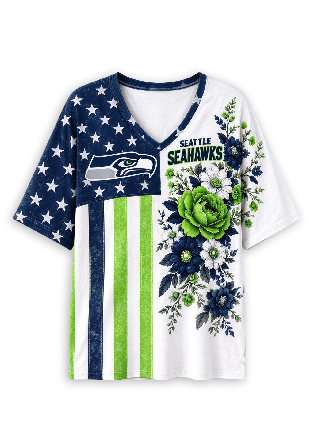 Women's Seattle Seahawks American Flag Floral V-Neck T-Shirt