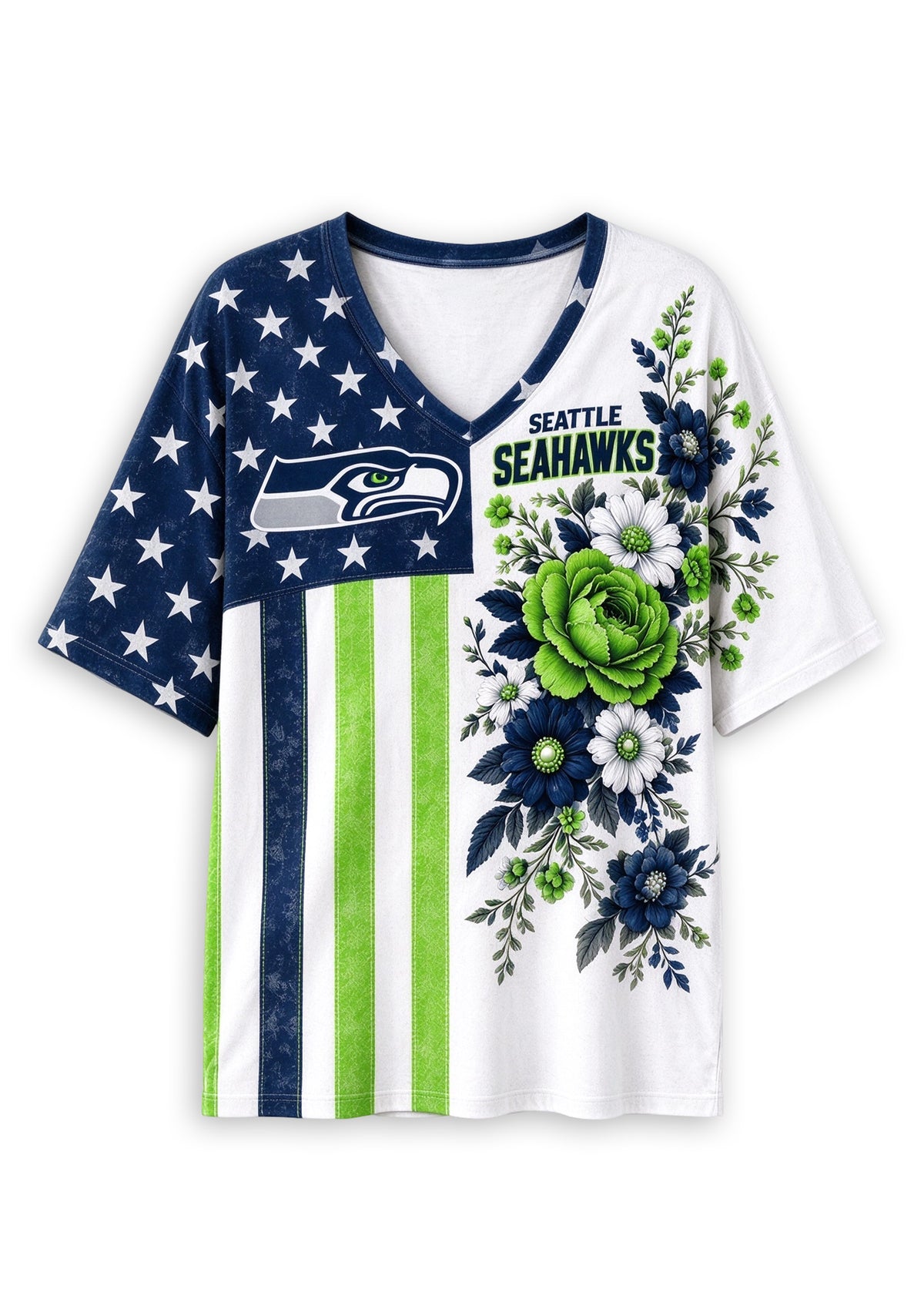 Women's Seattle Seahawks American Flag Floral V-Neck T-Shirt