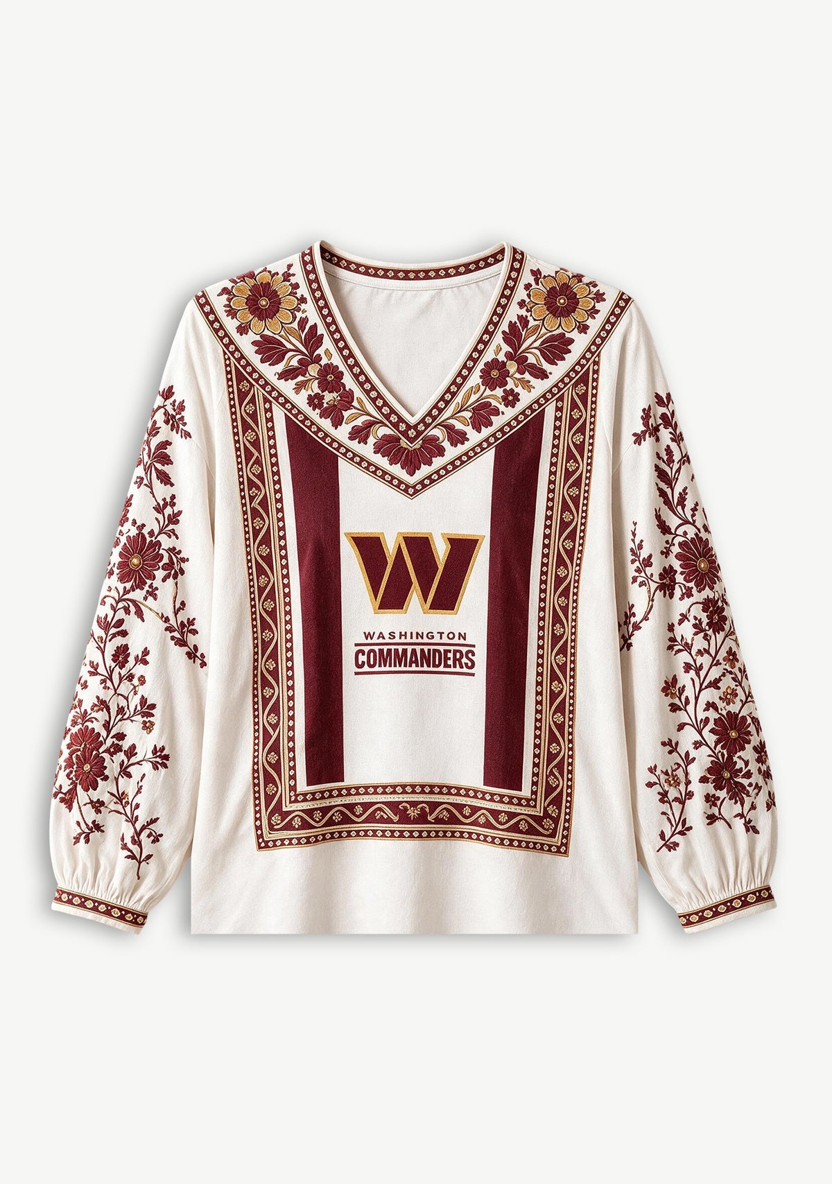 Washington Commanders Boho Floral Printed V-Neck Long Sleeve Shirt