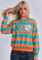 Women's Peace Love Miami Dolphins Striped Crewneck Sweatshirt