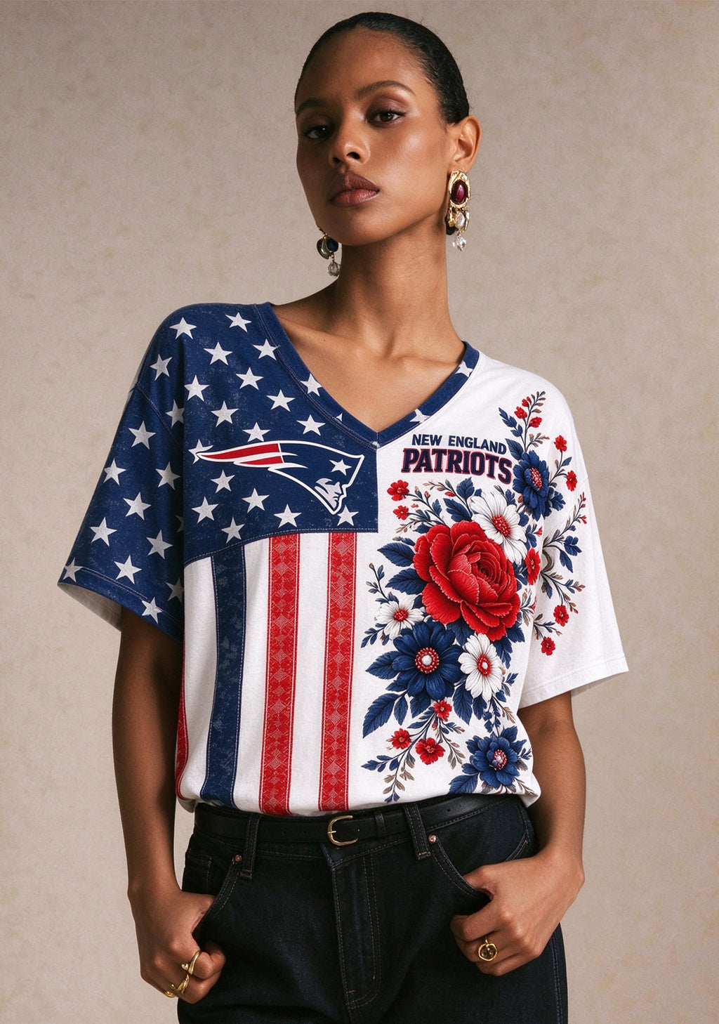 Women's New England Patriots American Flag Floral V-Neck T-Shirt