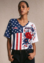 Women's New England Patriots American Flag Floral V-Neck T-Shirt