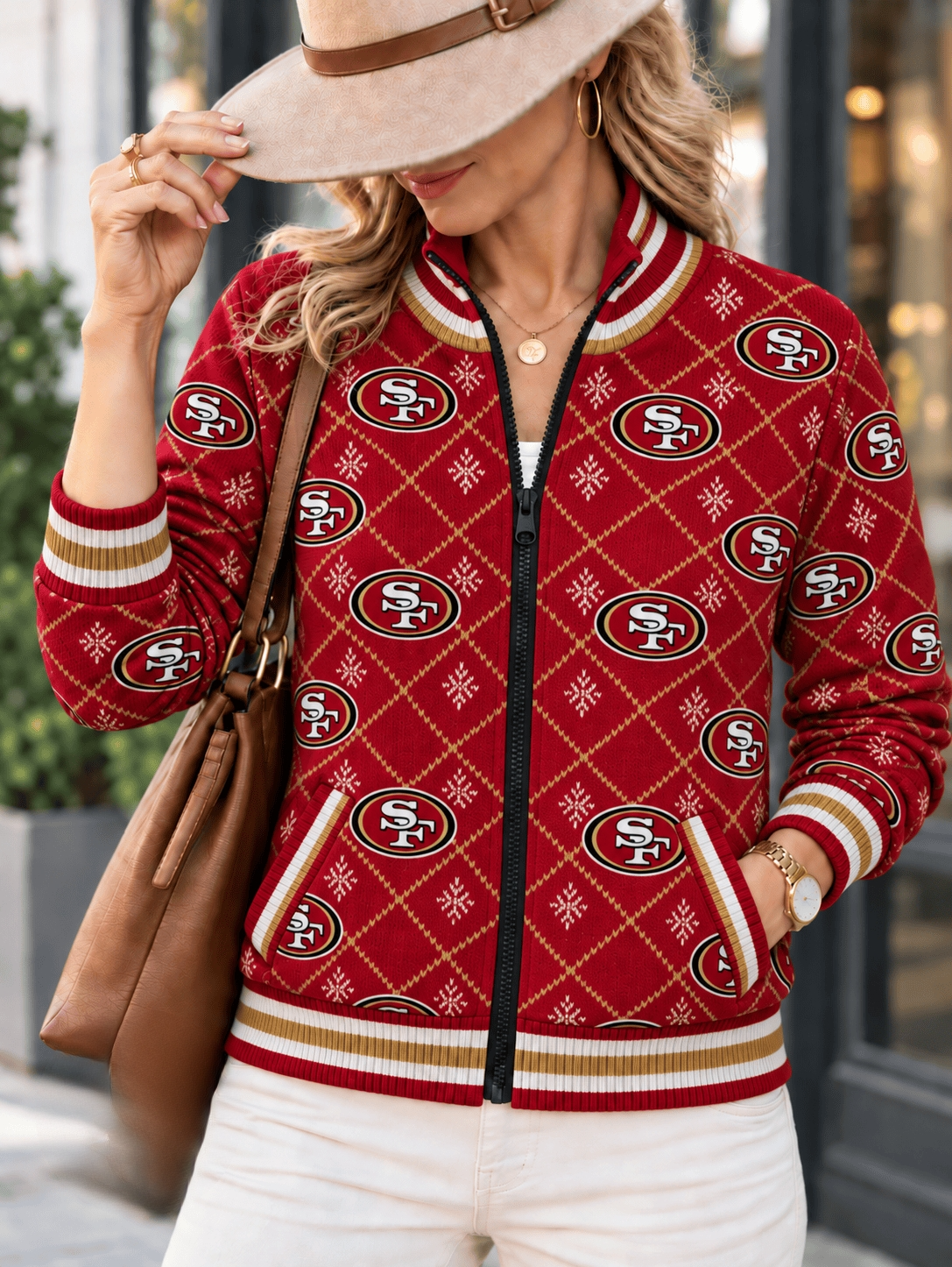 Women's San Francisco 49ers Argyle Print Zip Up Varsity Jacket