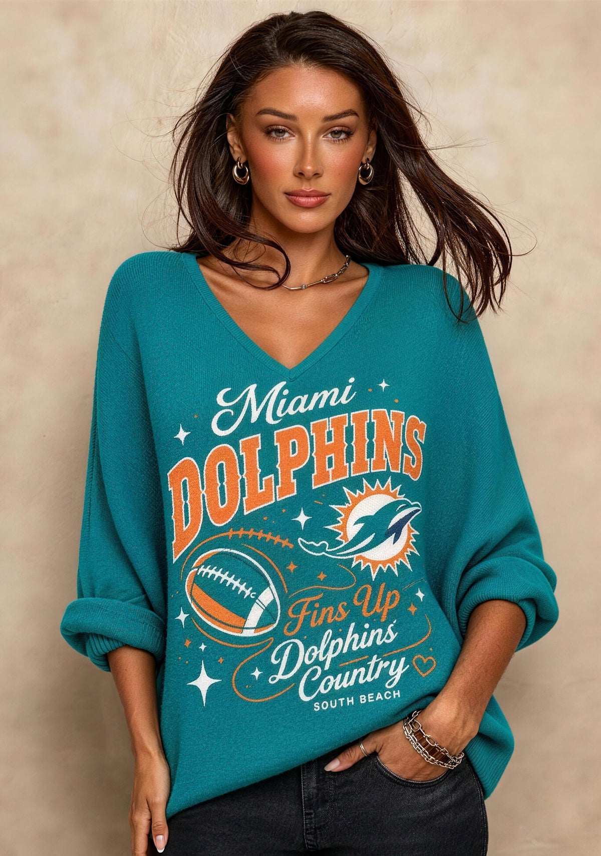 Women Miami Dolphins Fins Up Graphic Long Sleeve Game Day Shirt