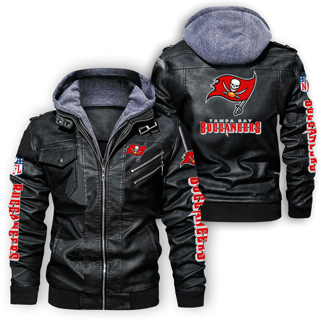 Tampa Bay Buccaneers Skull Logo PU Faux Leather Hooded Jacket
