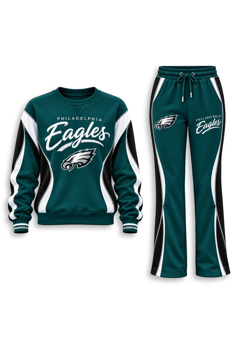 Women's Philadelphia Eagles Crewneck Sweatshirt & Flared Pants 2 Piece Set