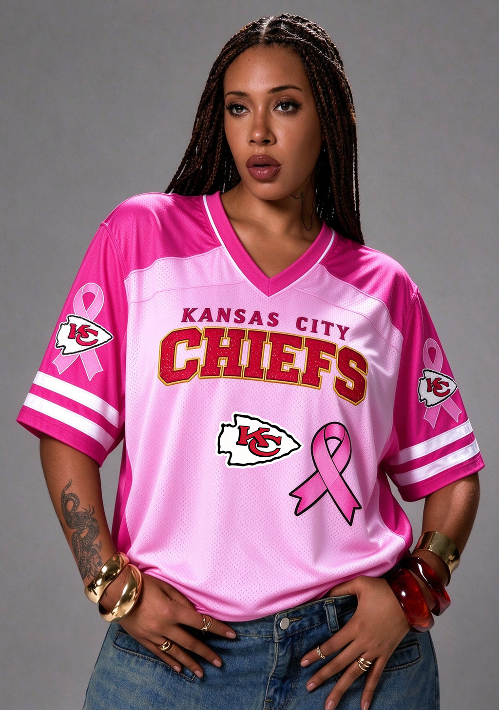 Women Kansas City Chiefs Breast Cancer Awareness Pink Ribbon Mesh Jersey