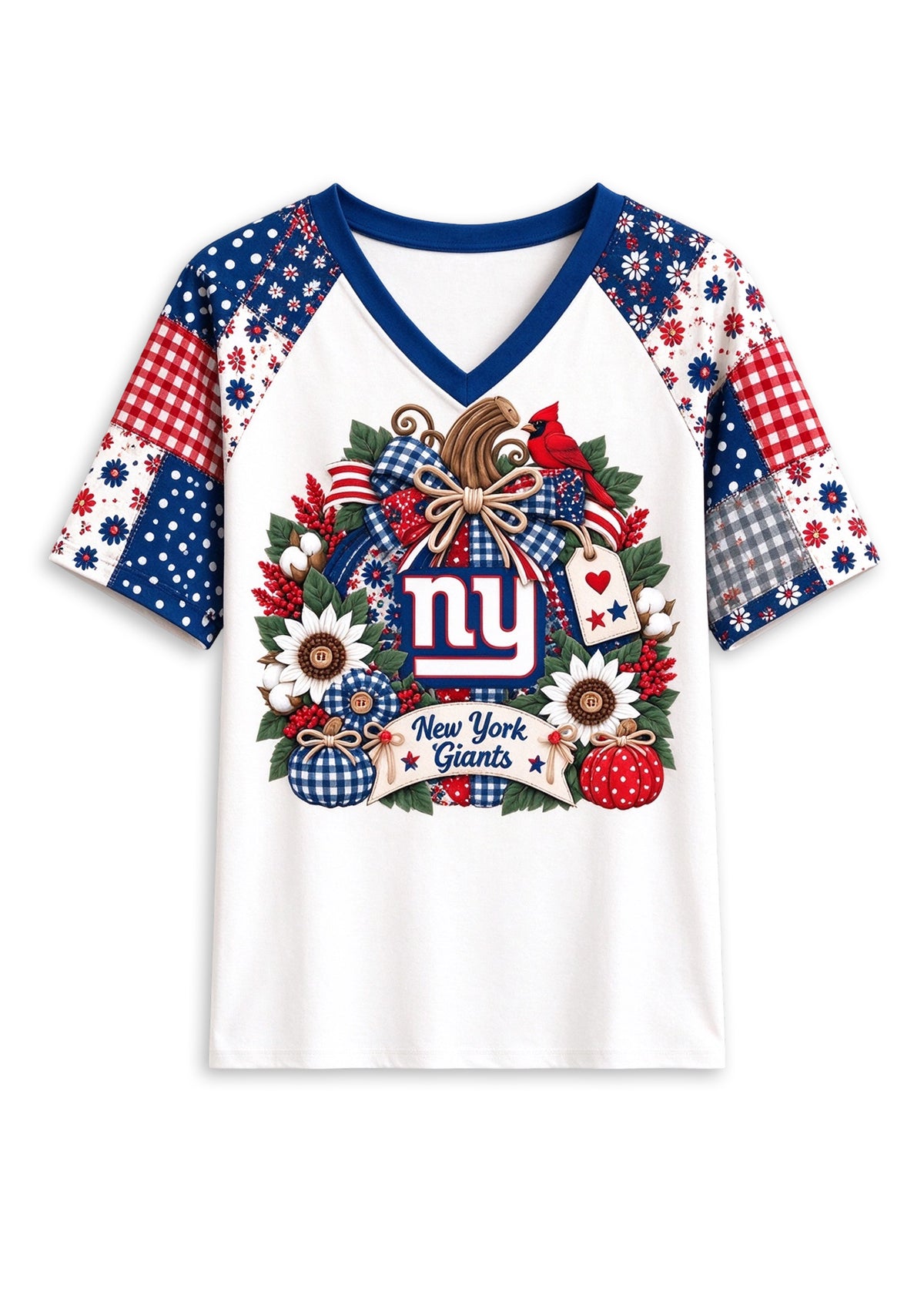 Women's New York Giants Patchwork Sleeve V-Neck Raglan T-Shirt