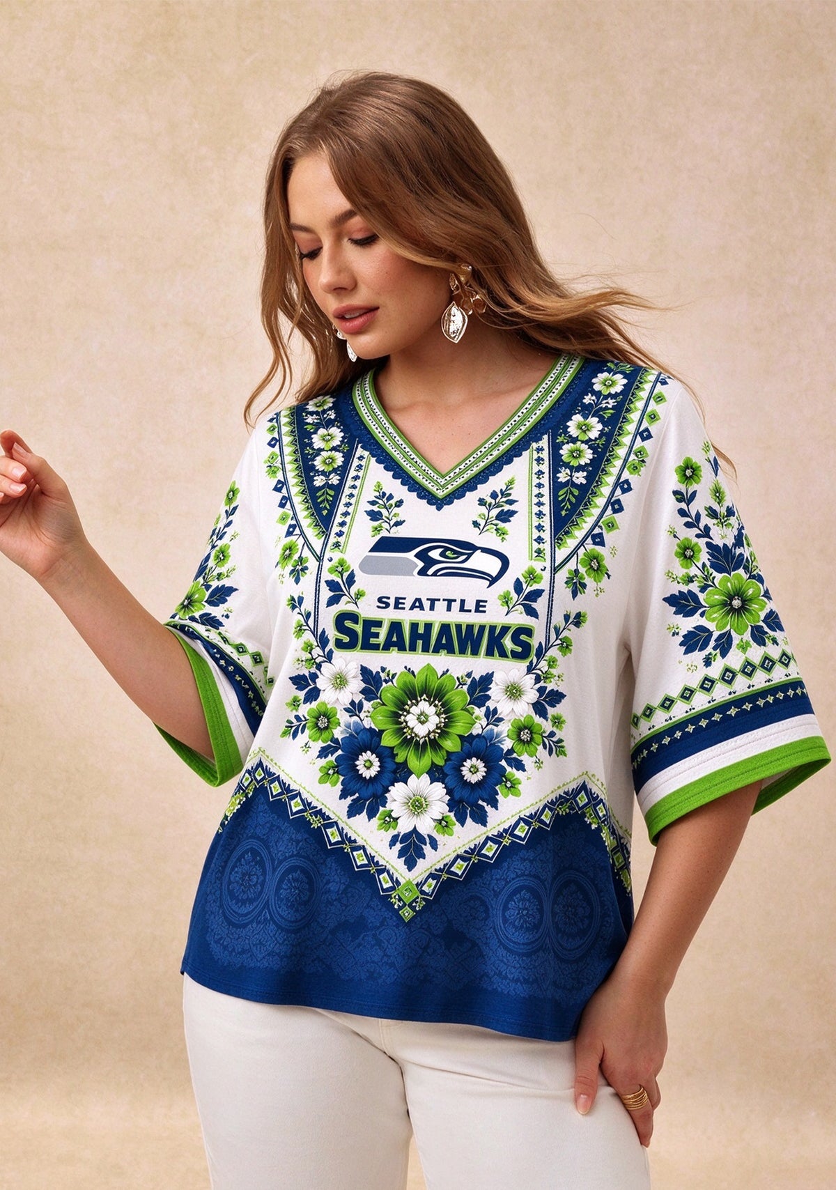 Women’s Seattle Seahawks Boho Floral V-Neck 3/4 Sleeve Shirt Main image