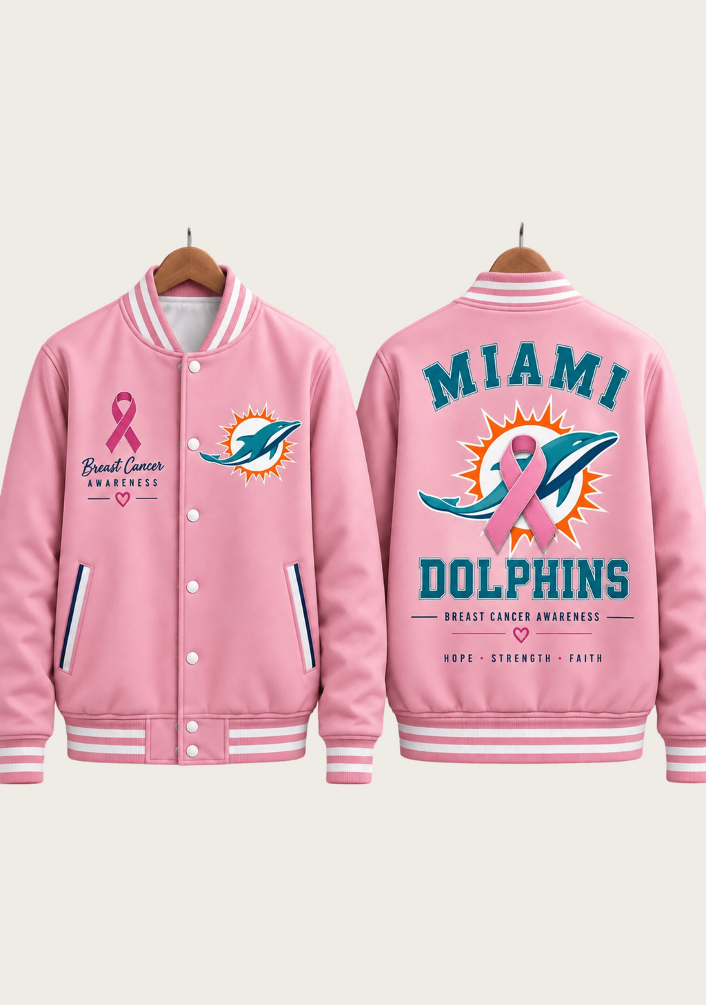 Miami Dolphins Breast Cancer Awareness Pink Ribbon Varsity Jacket