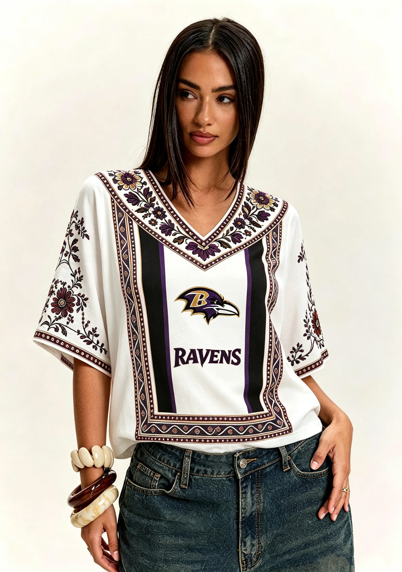 Boho Purple Gold Floral Baltimore Ravens V-Neck Blouse Main image