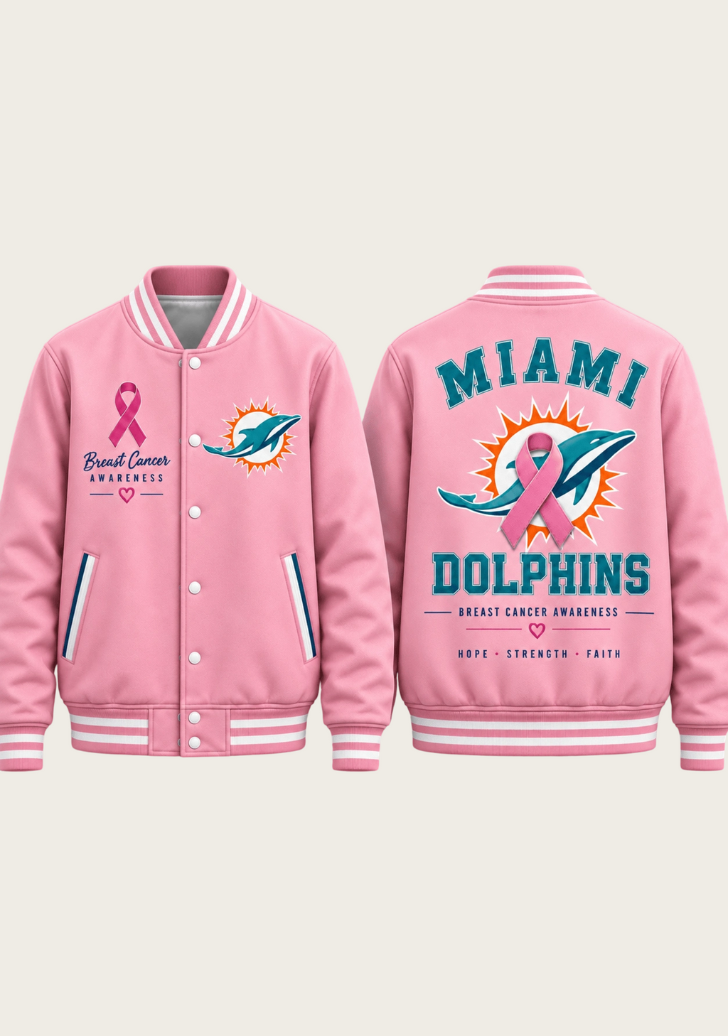 Miami Dolphins Breast Cancer Awareness Pink Ribbon Varsity Jacket