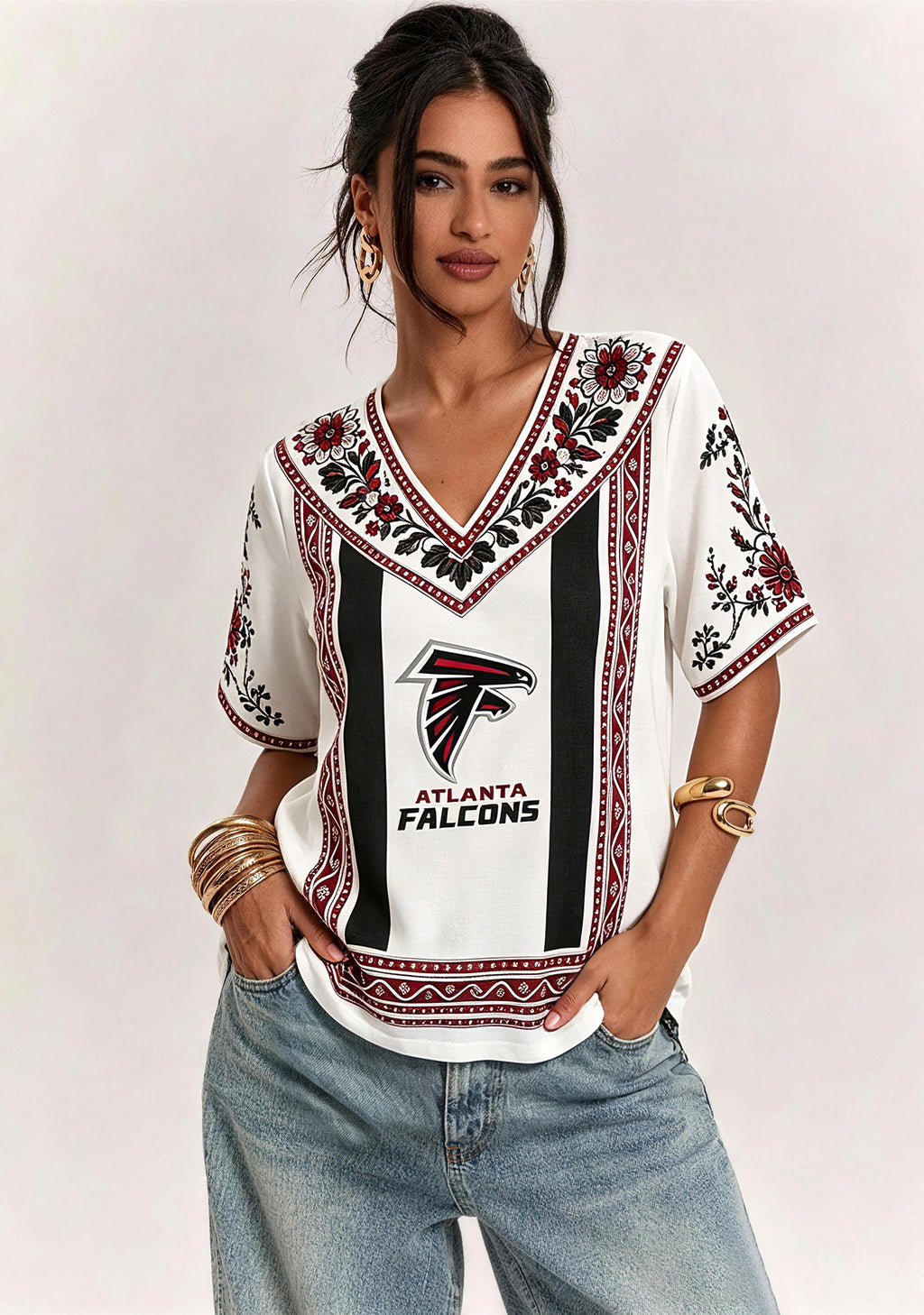 Boho Floral Atlanta Falcons V-Neck Blouse