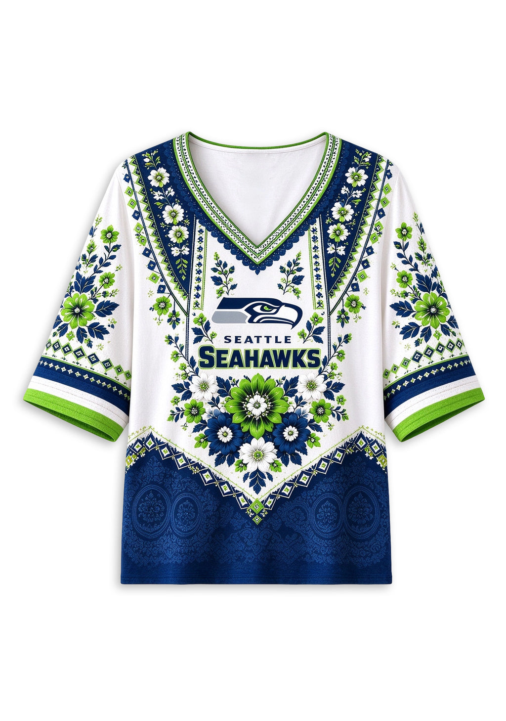 Women’s Seattle Seahawks Boho Floral V-Neck 3/4 Sleeve Shirt