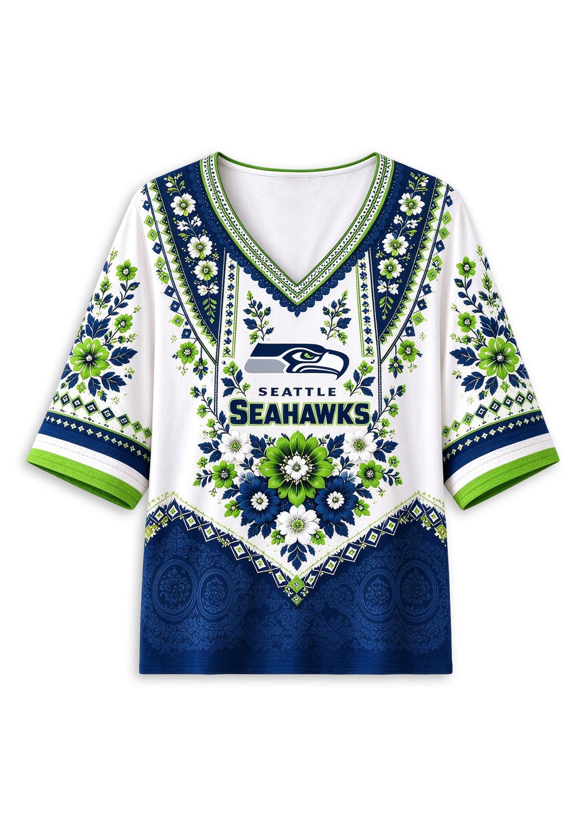 Women’s Seattle Seahawks Boho Floral V-Neck 3/4 Sleeve Shirt