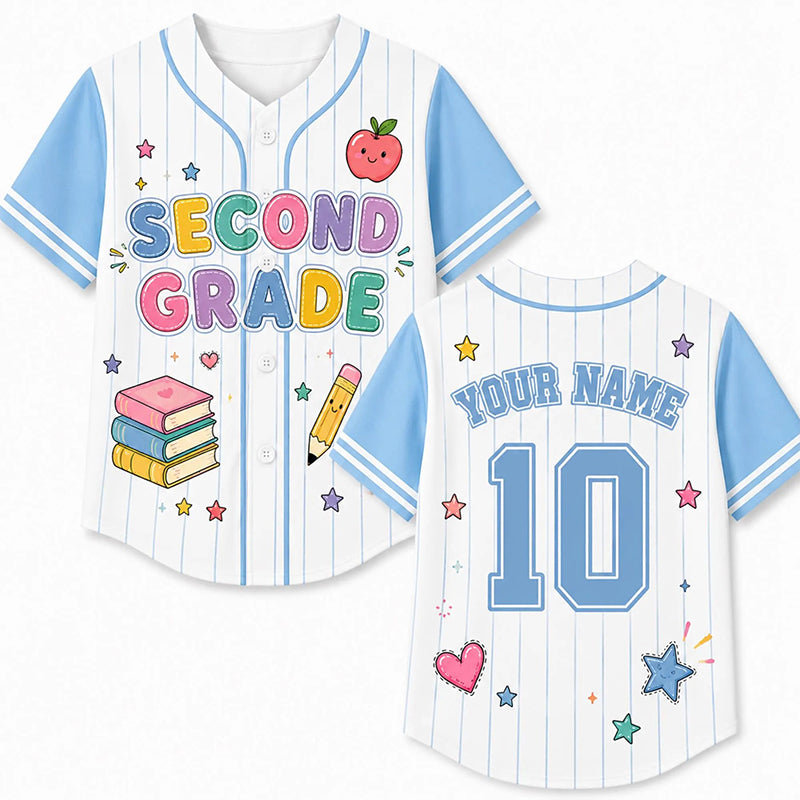 Personalized Grade And Name Preppy Stripes Books Apple Pencil Teacher Baseball Jersey Secondary image
