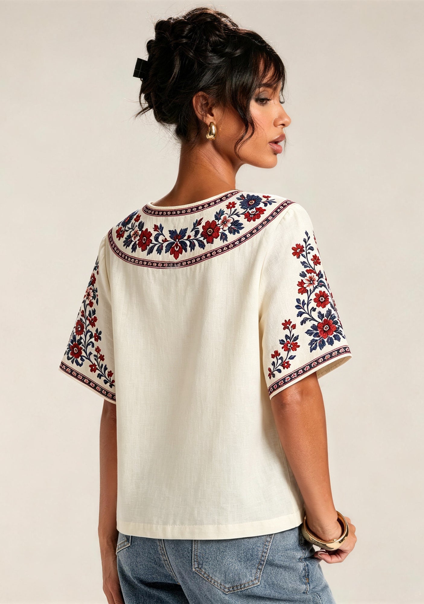 Boho Floral Border Crystal Palace V-Neck Blouse