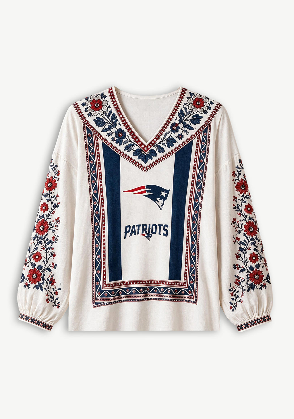 New England Patriots Bohemian Floral Printed V-Neck Long Sleeve Shirt