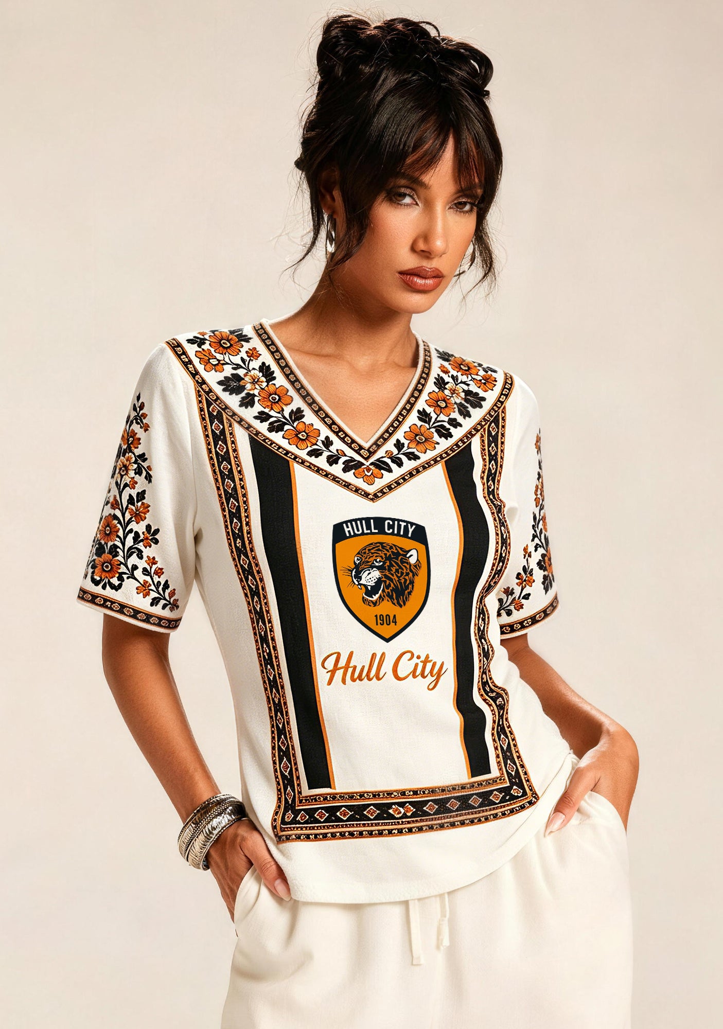 Boho Floral Border Hull City V-Neck Blouse