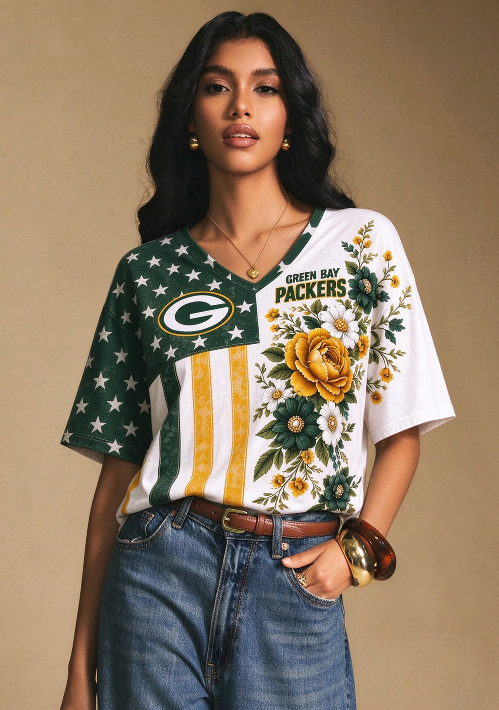 Women's Green Bay Packers American Flag Floral V-Neck T-Shirt