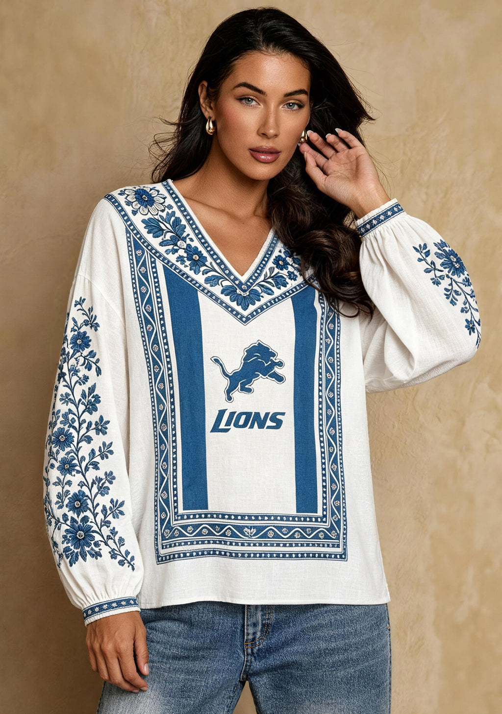 Women's Detroit Lions Boho Floral Printed V-Neck Long Sleeve Shirt