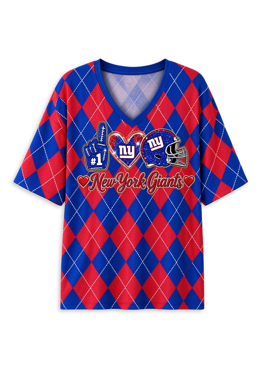 Women's New York Giants Argyle #1 Fan Heart Helmet V-Neck T-Shirt