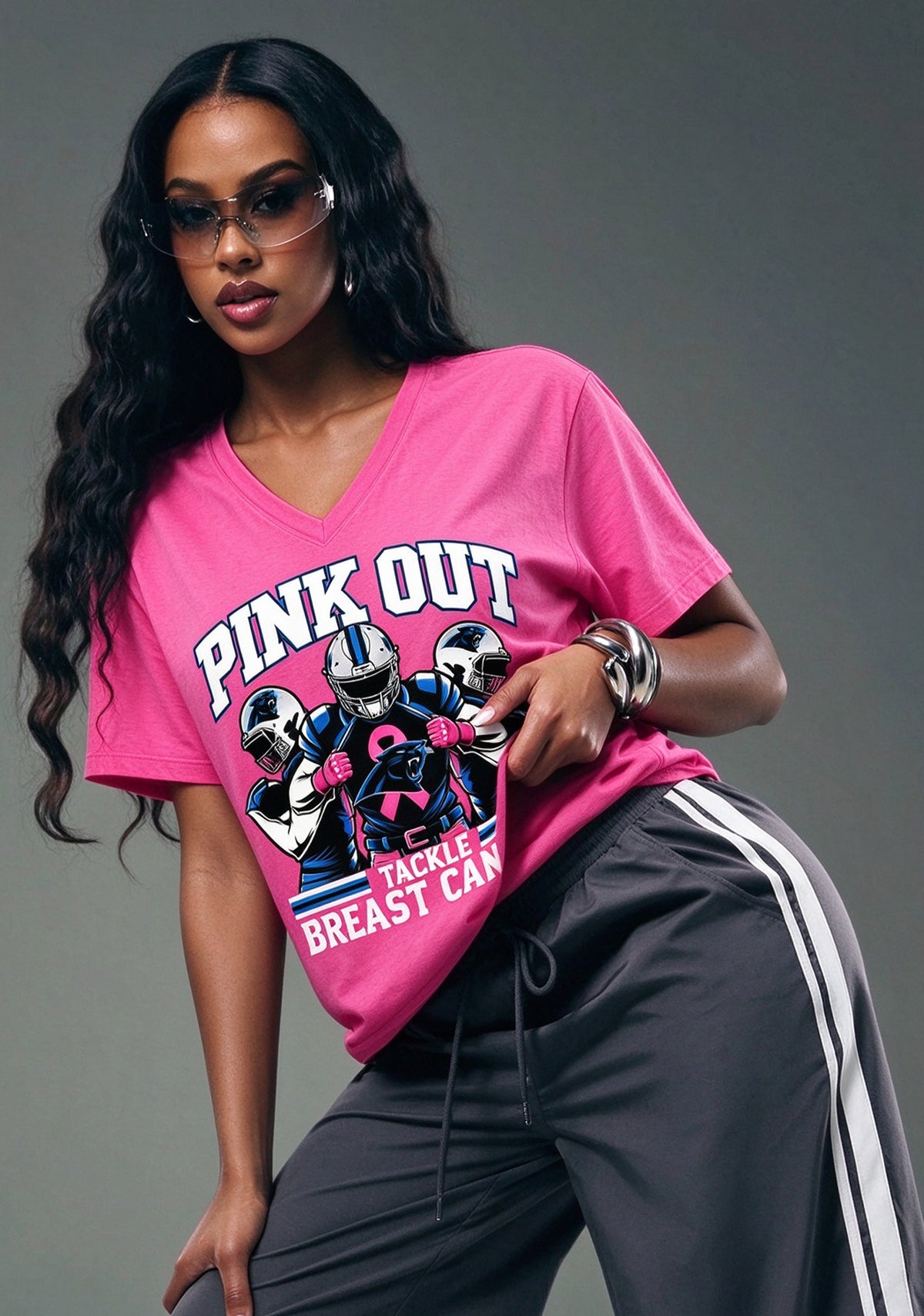 Carolina Panthers Pink Out Tackle Breast Cancer Awareness V-Neck T-Shirt Main image
