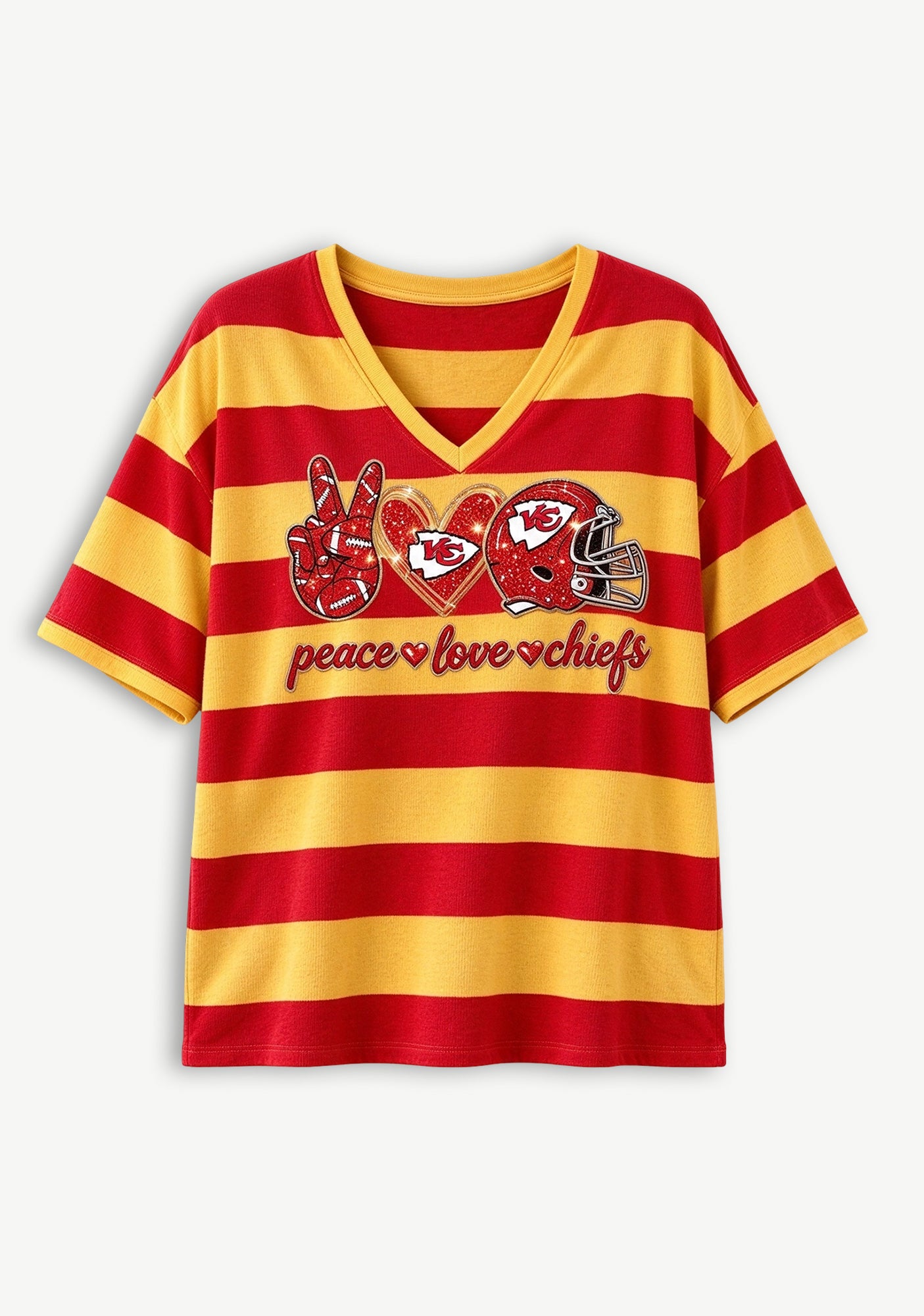 Women's Peace Love Kansas City Chiefs Football Striped V Neck T-Shirt Secondary image