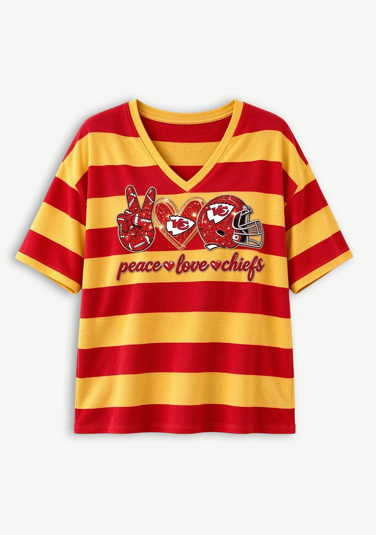 Women's Peace Love Kansas City Chiefs Football Striped V Neck T-Shirt