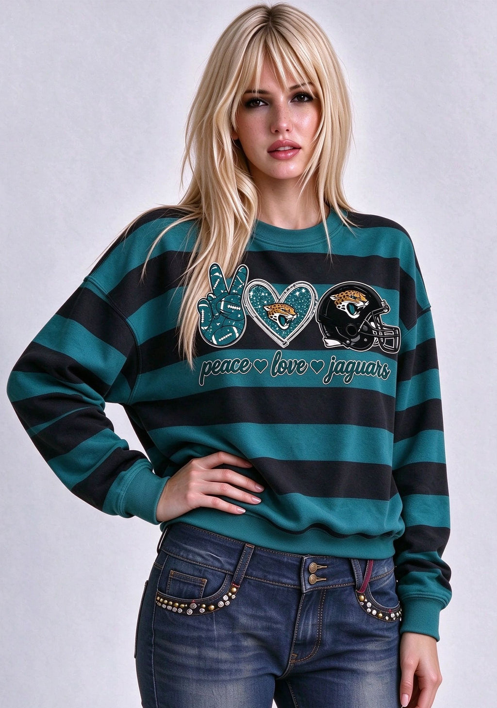 Women's Peace Love Jacksonville Jaguars Striped Crewneck Sweatshirt
