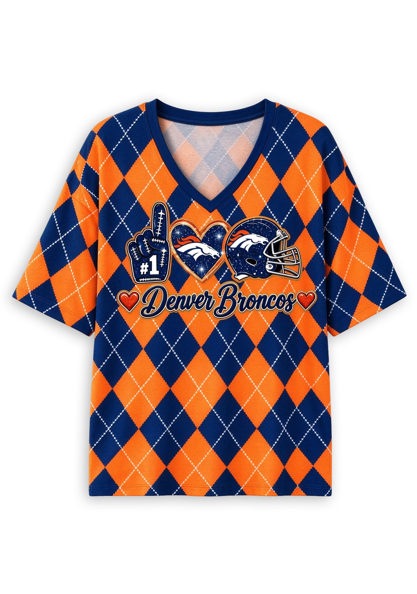 Women's Denver Broncos Argyle #1 Fan Heart Helmet V-Neck T-Shirt Secondary image
