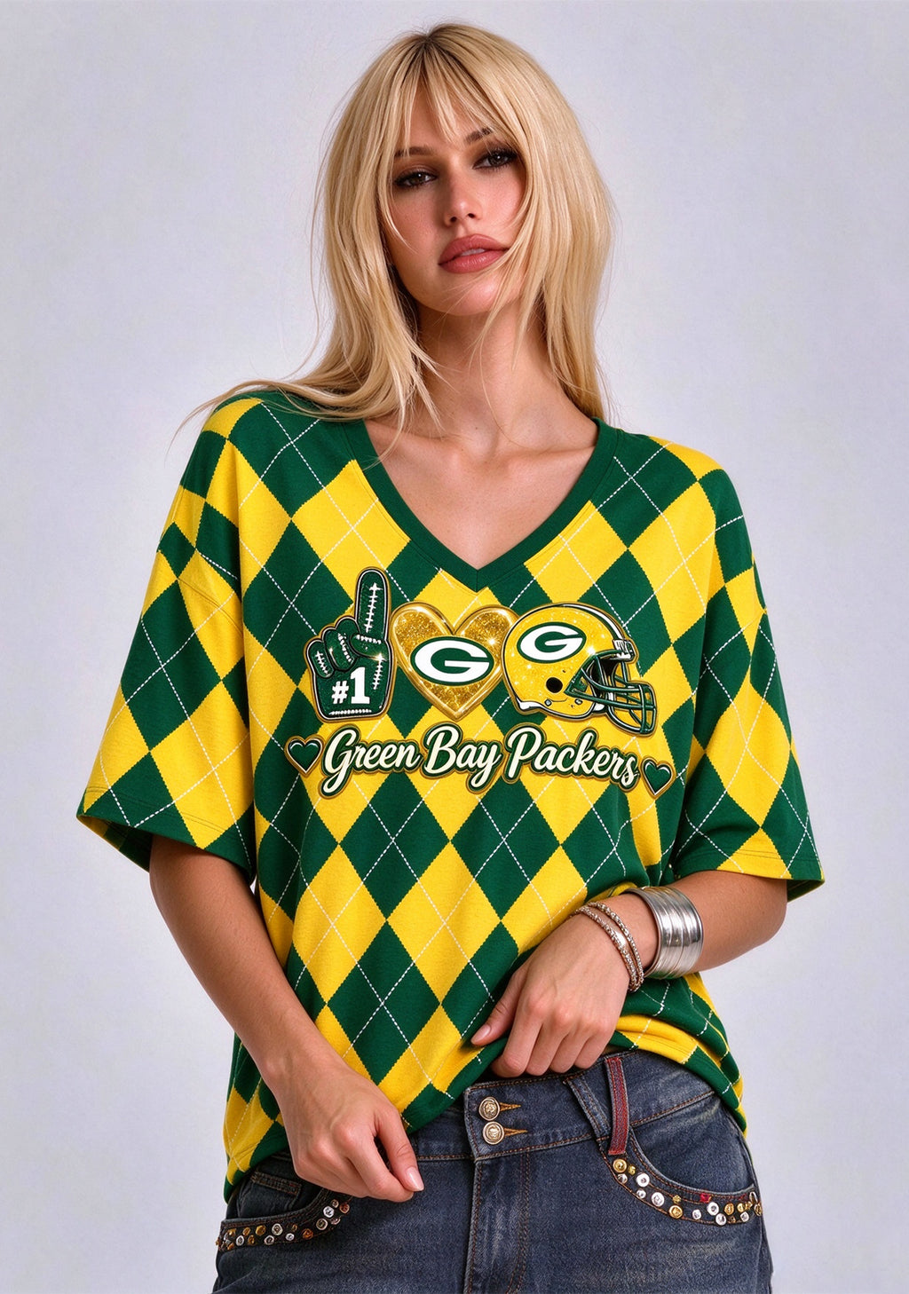 Women's Green Bay Packers Argyle #1 Fan Heart Helmet V-Neck T-Shirt