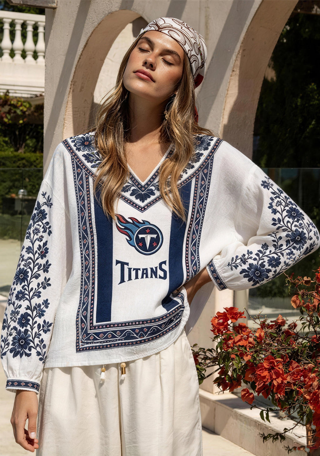 Women Tennessee Titans Floral Printed V-Neck Long Sleeve Shirt