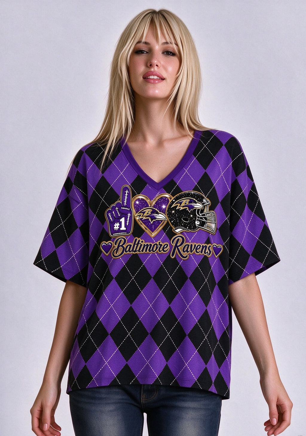 Women's Baltimore Ravens Argyle #1 Fan Heart Helmet V-Neck T-Shirt