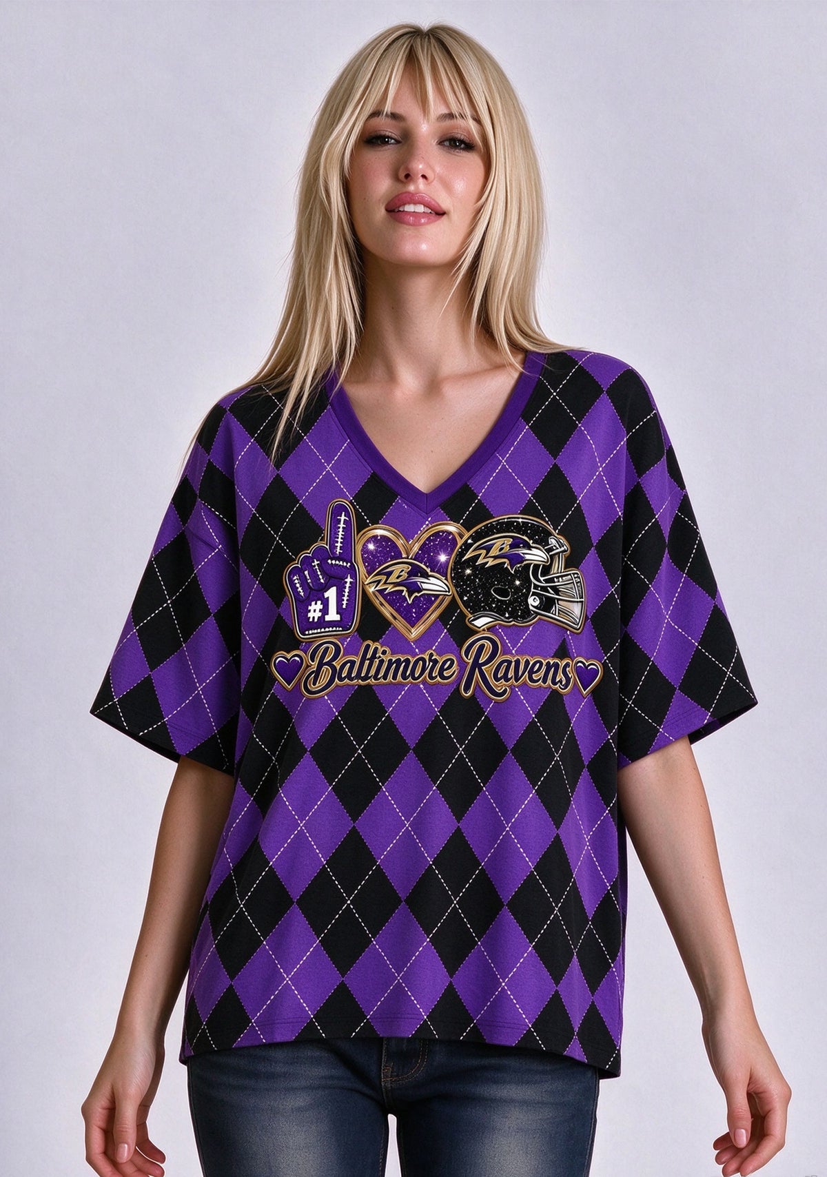 Women's Baltimore Ravens Argyle #1 Fan Heart Helmet V-Neck T-Shirt