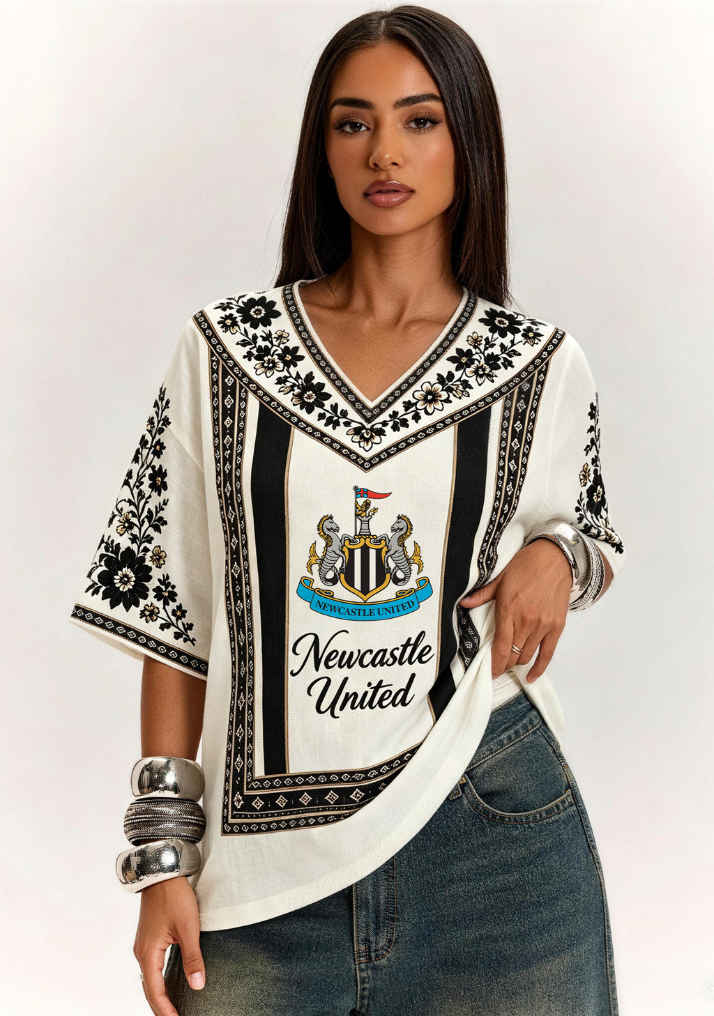 Boho Floral Border Newcastle United V-Neck Blouse