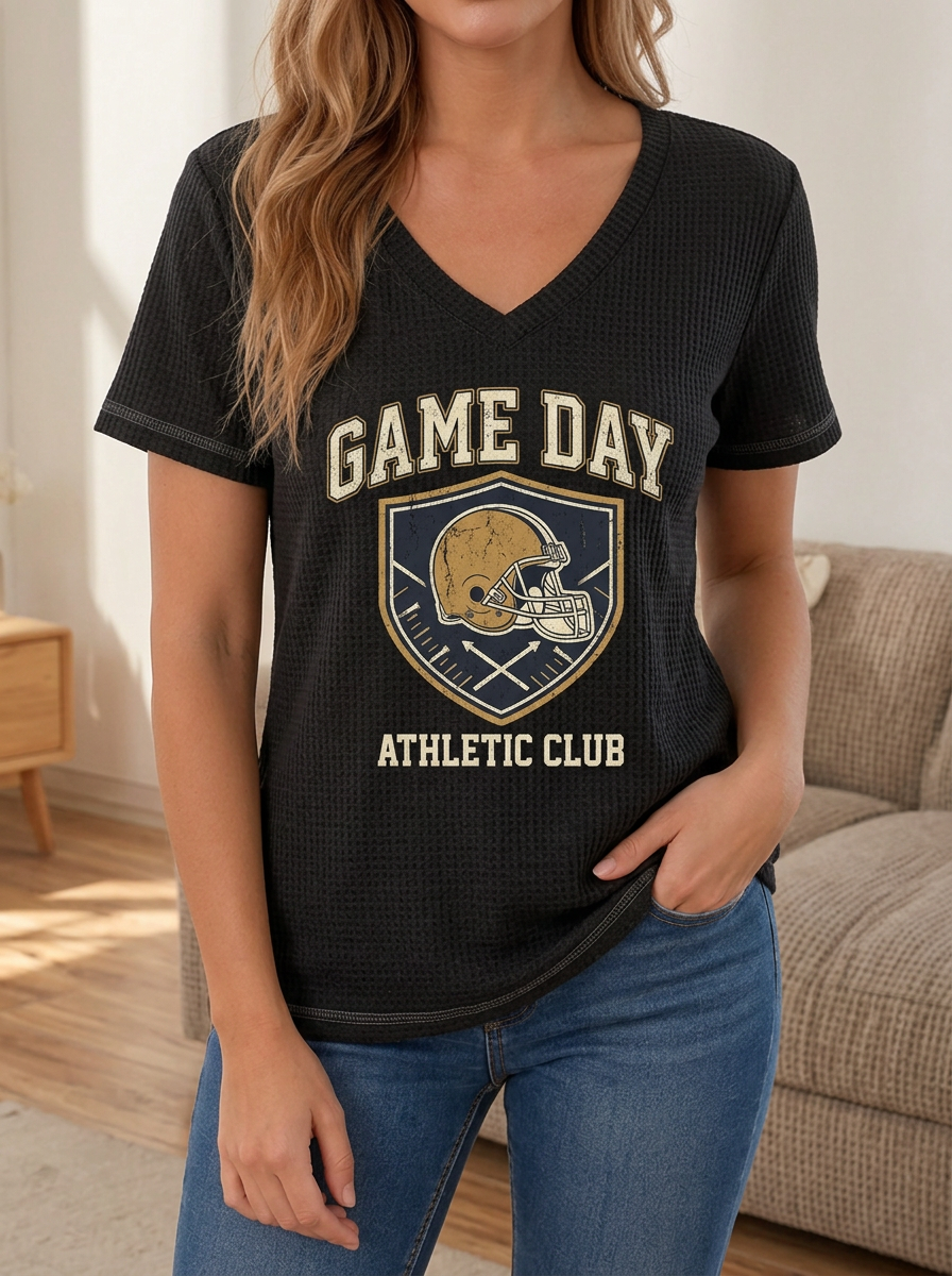 Women's Football Game Day Helmet Shield Printed Waffle Top