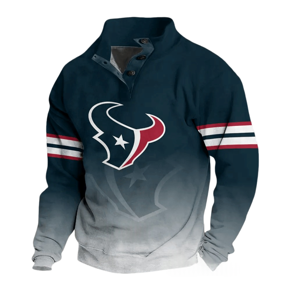 Houston Texans Navy Gradient Button Mock Neck Sweatshirt