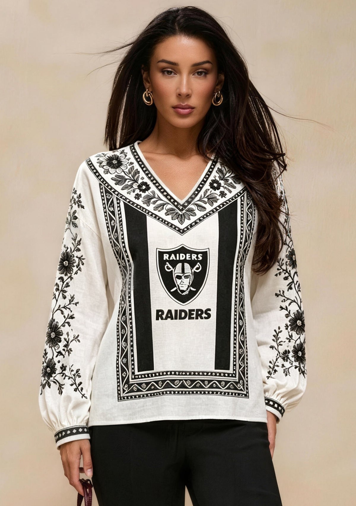 Women's Las Vegas Raiders Boho Floral Printed V-Neck Long Sleeve Shirt Main image