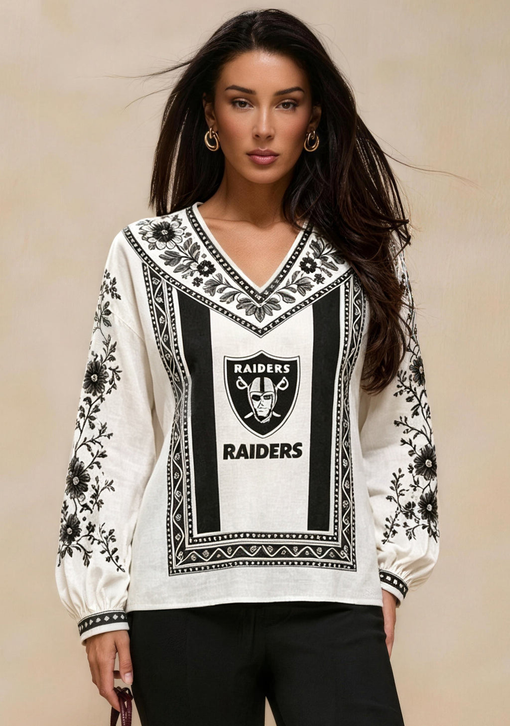 Women's Las Vegas Raiders Boho Floral Printed V-Neck Long Sleeve Shirt