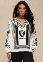 Women's Las Vegas Raiders Boho Floral Printed V-Neck Long Sleeve Shirt