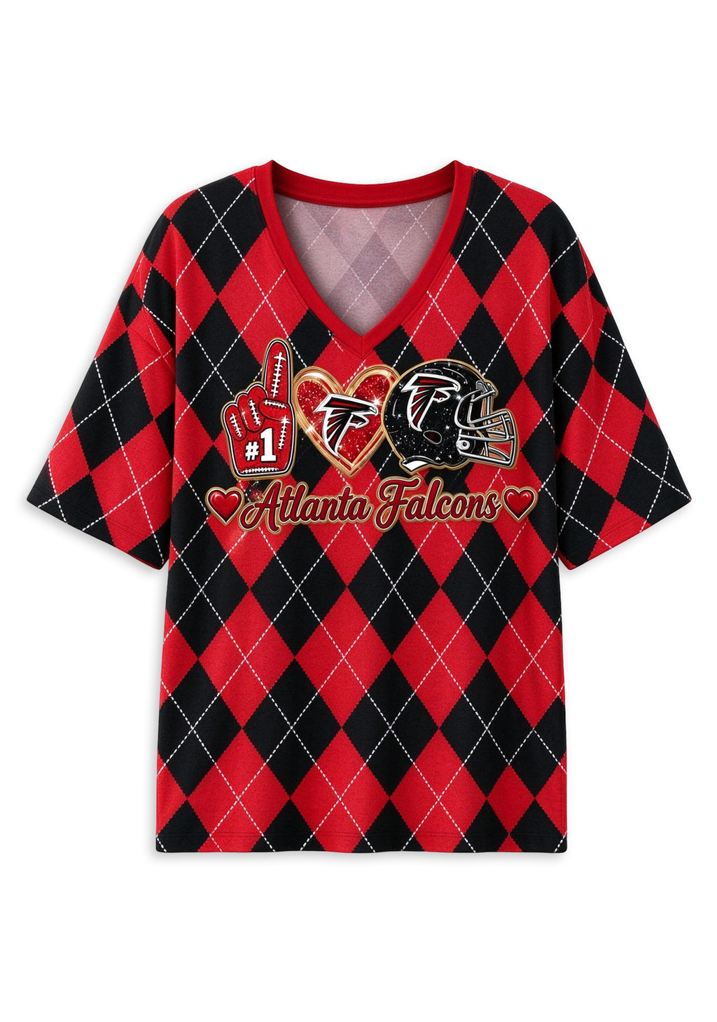 Women's Atlanta Falcons Argyle #1 Fan Heart Helmet V-Neck T-Shirt
