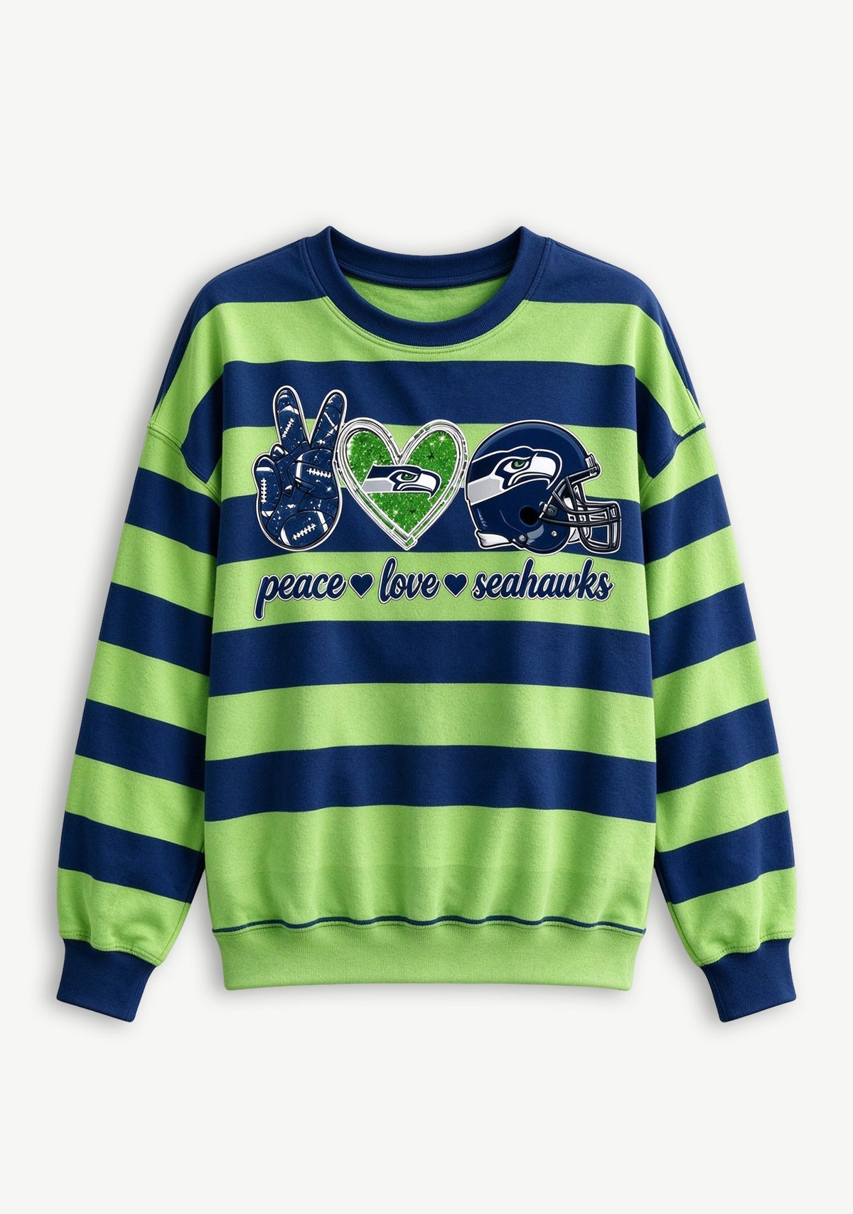 Women's Peace Love Seattle Seahawks Striped Crewneck Sweatshirt