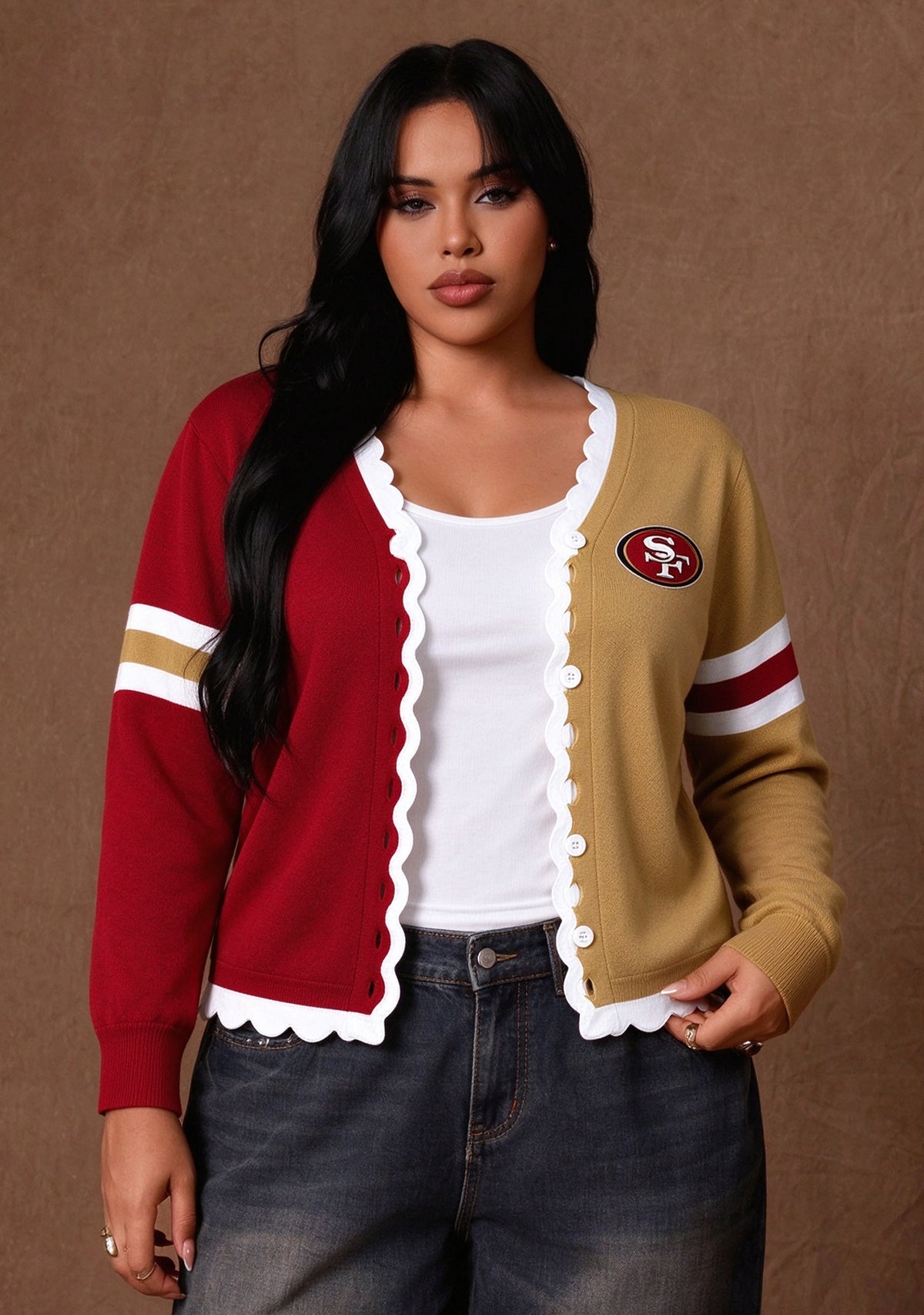 Women's San Francisco 49ers Color Block Scalloped Trim V-Neck Button Cardigan Main image