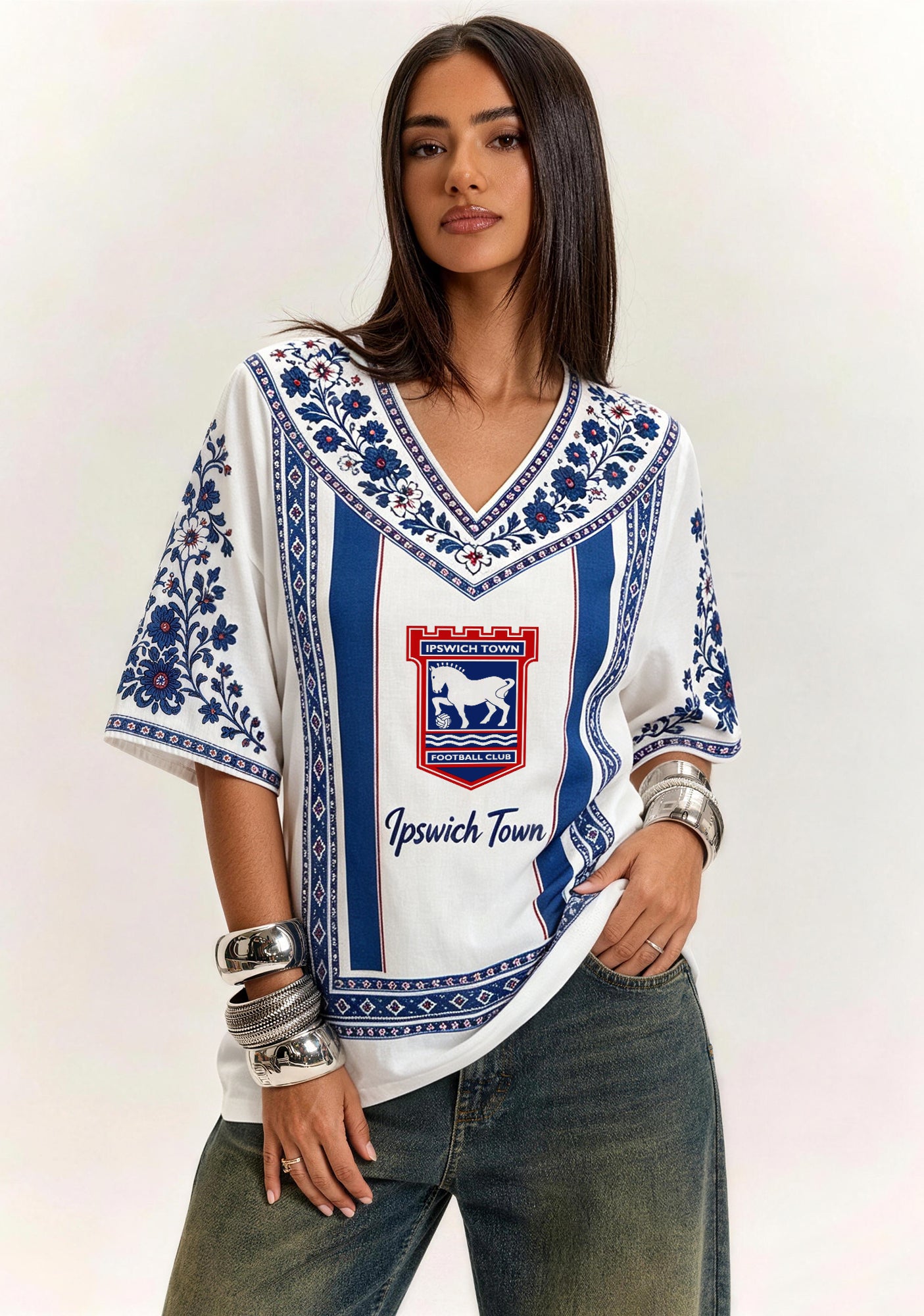 Boho Ipswich Town Folk Floral V-Neck Blouse